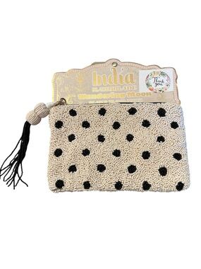 India handmade Cream Beaded Polka Dot Clutch with Black Tassel Accent